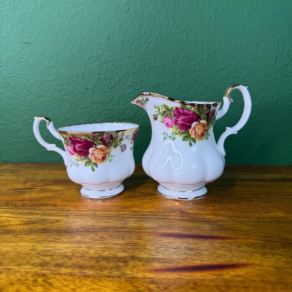 Vintage Royal Albert Creamer and Tea Cup Set England 1962 Gold Trim Bone China